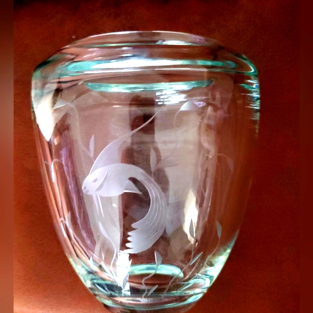 KOSTA BODA Vase Weighty Scandanavian Glass Vase w/ Etched Koi Fish Design 7.5"H